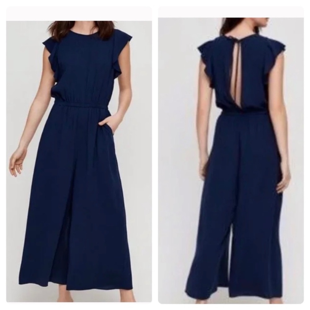 Aritzia Wilfred Navy Blue Fleurette Wide Leg Crop Ankle Jumpsuit XS